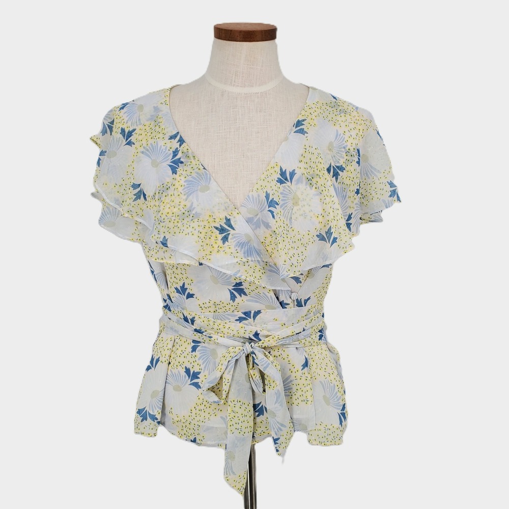 Ted Baker London Size 3 US 6 Gemmiaa Sky Blue Floral Wrap Top Ruffle Sleeves New